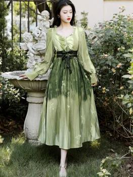 Сказочные платья во французском стиле Для женщин Sweet Hand Tie Dye Шикарное Зеленое платье Миди с рукавом-фонариком в стиле Ретро, Модное Осеннее платье для женщин