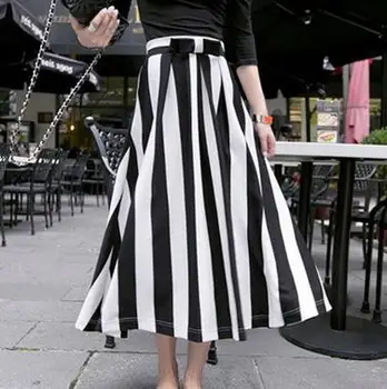 Летние женские шифоновые юбки 2016 Макси в черно-белую вертикальную полоску, большие размеры XXS-8XL, ретро-винтажные длинные юбки Хепберн