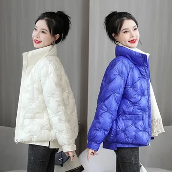 2023 Новые женские парки, зимняя куртка со стоячим воротником, Короткая глянцевая Женская короткая пуховая хлопчатобумажная куртка, Свободная Корейская женская верхняя одежда
