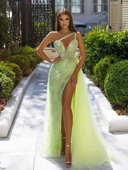 Зеленые вечерние платья трапециевидной формы с V-образным вырезом без рукавов на одно плечо, расшитые блестками 3D кружевные аппликации, платья для выпускного вечера с разрезом по бокам, сшитые на заказ