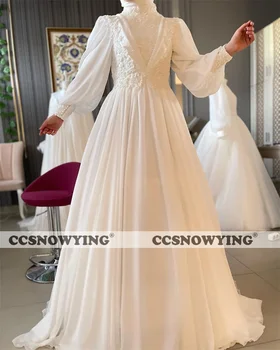 Шифоновые аппликации, жемчуг, Свадебные платья для невесты, Хиджаб с длинным рукавом и высоким воротом, исламское свадебное платье, Арабский Дубайский халат для Невесты
