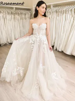 Свадебные платья трапециевидной формы Bohemian Sweetheart Illusion Без рукавов, кружевные свадебные платья с 3D-цветочными аппликациями