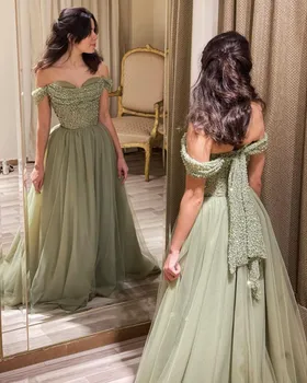 Элегантные вечерние платья Sage с открытыми плечами для женщин, роскошные свадебные платья для гостей 2023 года, расшитые бисером, Арабское Длинное официальное вечернее платье Темперамент