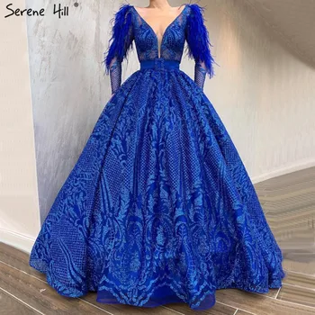 Синие выпускные платья с длинными рукавами последнего дизайна 2023, Дубай, сексуальные выпускные платья с V-образным вырезом и перьями, Serene Hill BLA70050