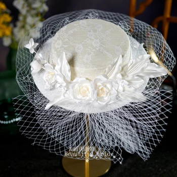 Белая женская свадебная шляпка, сетчатое кружево, цветы ручной работы, аксессуары для свадебной вечеринки