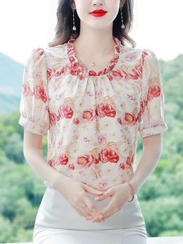 Женская рубашка с цветочным принтом, летний топ с коротким рукавом, тонкие Женские шифоновые рубашки и блузки Корейской моды с круглым вырезом