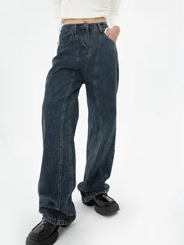 2023 Темно-синие женские джинсы с высокой талией, винтажные Прямые Мешковатые джинсовые брюки, уличная одежда, мода в американском стиле, Широкие джинсовые брюки