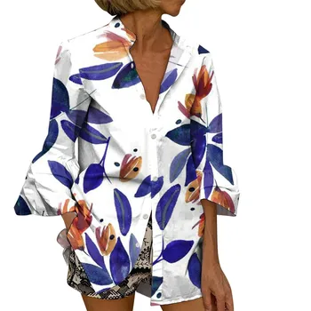 Женские повседневные блузки с седьмым рукавом, складывающиеся манжеты, V-образный вырез, топы с принтом листьев, Шикарные Свободные рубашки в пляжном стиле, размер Oversize Топ