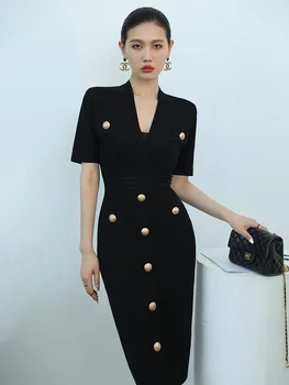 Черное вязаное платье с V-образным вырезом и коротким рукавом, женское летнее платье 2023, новое облегающее платье средней длины с запахом