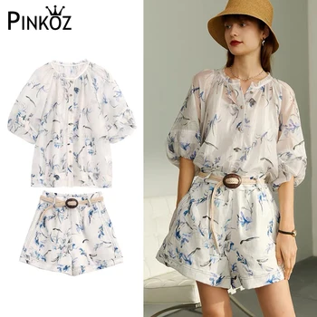 Женский комплект-двойка Pinkoz, летняя белая блузка с цветочным принтом, топы, летние шорты, брючный наряд, повседневная одежда, шикарный шик