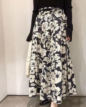 Женская юбка миди из 100% хлопка трапециевидной формы с цветочным принтом и галстуками