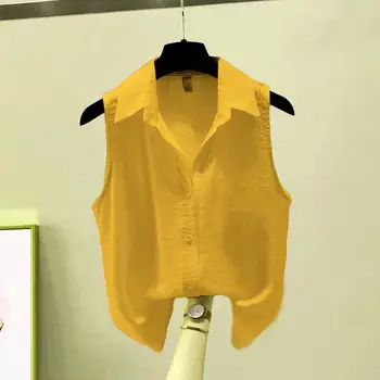 Летняя однотонная шифоновая рубашка без рукавов из крепа Женские блузки Модные Белые Желтые рубашки на пуговицах Офисный женский базовый топ