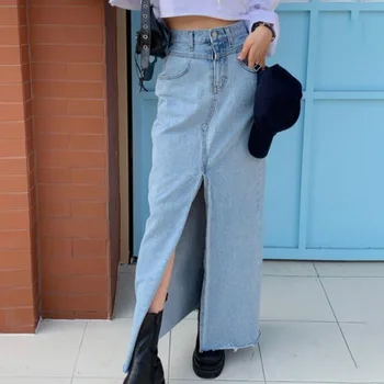 Повседневные синие джинсовые юбки с разрезом в стиле ретро, женская летняя винтажная длинная юбка, женская джинсовая юбка с карманом на высокой талии