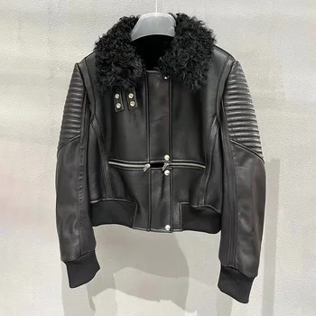 Женские кожаные куртки нового стиля, модные женские куртки-бомберы 2022 года, Осенне-зимние пальто из овчины с воротником из меха ягненка GT5087