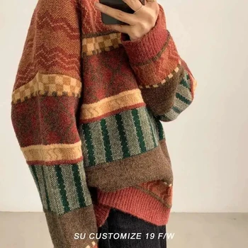 2021 Зимний Женский винтажный свитер с длинным рукавом, женские осенние полосатые Теплые Свободные вязаные пуловеры, женские топы с высоким воротом