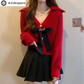 Корейский женский комплект 2023 Весна-осень, усовершенствованный Новый вязаный топ + короткая юбка, модный комплект из двух предметов Ins