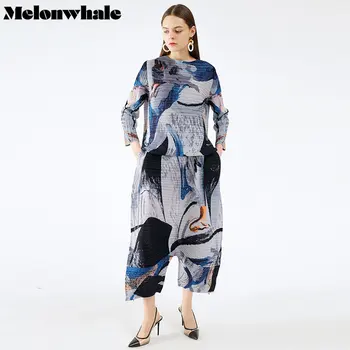 MelonWhale, плиссированный топ с длинными рукавами, брюки с принтом, комплект из 2 предметов, женский дизайнерский топ с низкой промежностью, круглый вырез, весна 2023 г.