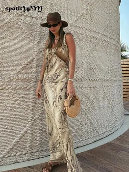 Летнее женское модное платье Макси на подтяжках с принтом, женские платья без рукавов с V-образным вырезом и рюшами 2023, Шикарное пляжное длинное платье