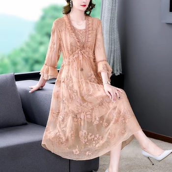 Новое Высококачественное Шелковое 3D-платье Для Женщин 2023, Корейская версия, Модное И Элегантное Повседневное Праздничное Платье С Большой Талией, Vestidos