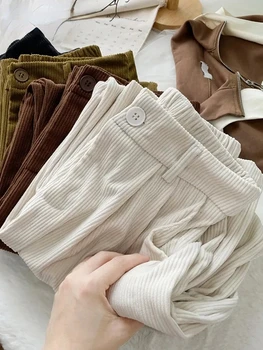 Вельветовые брюки для женщин Осень-зима 2023, прямые широкие брюки с высокой талией, винтажные повседневные черные флисовые теплые брюки