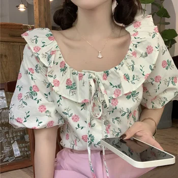 Милые и простые короткие корейские модные топы с цветочным рисунком, дизайнерская рубашка на пуговицах, женская летняя повседневная блузка с короткими рукавами 2023 года, Ins