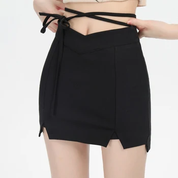 Тонкая Черная Короткая юбка на шнуровке для Женщин Harajuku, Женская Мини-юбка с разрезом и Высокой талией, Дизайн Y2K, Повседневная