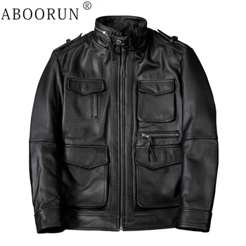 ABOORUN Мужские кожаные куртки Geuine, мотоциклетные пальто из воловьей кожи, охотничьи кожаные пальто с несколькими карманами