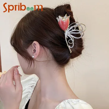 Летние тюльпаны Когти для волос Большие Корейские заколки для волос для женщин Роскошные Аксессуары для волос для девочек Заколка для волос из циркониевого сплава Инструмент для укладки волос