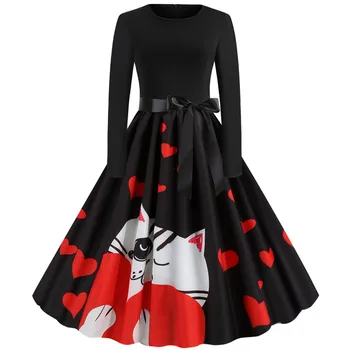 Винтажное платье Swing с черным принтом, женский халат 2023, вечерние платья Pinup Rockabilly с длинным рукавом и круглым вырезом, женская линия A