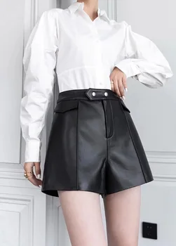 2021 Новые осенние женские шорты из натуральной кожи с высокой талией, женские повседневные женские Черные брюки