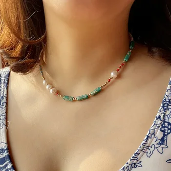 Ожерелье из искусственного жемчуга в стиле Бохо, Женский Агат, Зеленый полудрагоценный камень, Модное ожерелье для ключиц ручной работы, Ювелирные изделия N1393