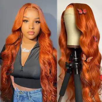 Парики на кружеве 13x4 HD из человеческих волос, 30-дюймовый имбирно-оранжевый прозрачный парик на кружеве, цветные парики на кружеве с объемной волной для женщин