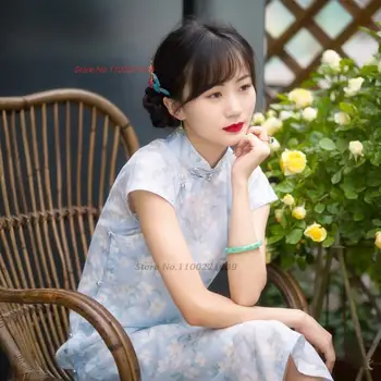 2023 китайское платье из атласа с винтажным цветочным принтом, женское восточное платье cheongsam, современный женский фарфор, элегантная повседневная вечеринка qipao