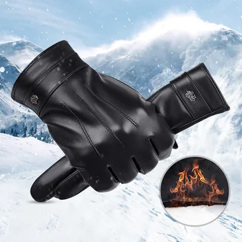 Мужские перчатки из денима BISON, натуральная кожа, овчина, черные варежки, осень-зима, Ветрозащитные теплые мужские перчатки для вождения с сенсорным экраном
