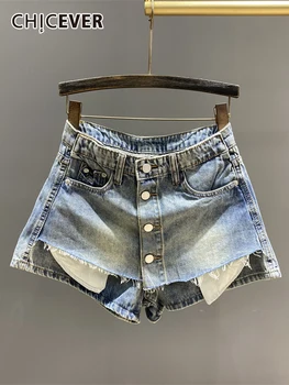 Женские короткие брюки в стиле пэчворк CHICEVER с высокой талией и накладными карманами, однобортные Облегающие Модные Летние джинсовые шорты, женские