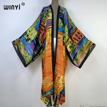 WINYI новый летний женский кардиган с длинными рукавами и принтом граффити, женское свободное пляжное платье в стиле бохо, уличная одежда, праздничное кимоно