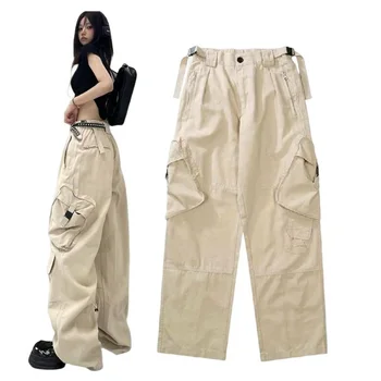 Мешковатые брюки в американском уличном стиле, брюки для спецодежды с большим карманом, повседневные брюки с прямыми штанинами, женские джоггеры для бега трусцой