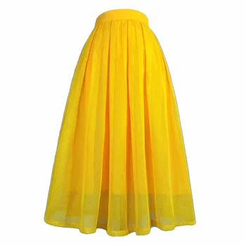 2023 Весна-Лето, Женская Корейская Винтажная Шикарная Элегантная юбка с высокой талией, Розово-желтый Чистый цвет, Длинная Юбка Миди Трапециевидной формы, Сетчатая Базовая Офисная