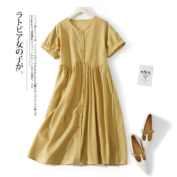 Повседневное Свободное Хлопчатобумажное Льняное платье-рубашка, Женские Летние Желтые платья Миди с V-образным вырезом и короткими рукавами, Vestido De Mujer