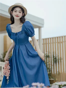 Винтажные платья во французском стиле для женщин с бантом, квадратным вырезом, сексуальными пышными рукавами, Элегантное платье, женское летнее Корейское повседневное платье