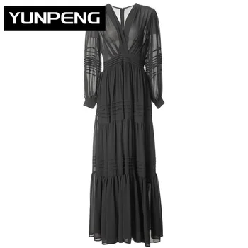 Весеннее длинное платье с V-образным вырезом и рукавами-фонариками, складками, черные винтажные вечерние платья для женщин, подиум 2023, Роскошный бренд высокого качества