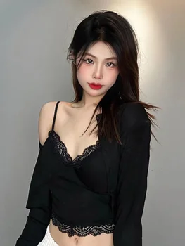 Корейская сексуальная накладка на грудь с кружевным ремешком, майка + накладка на плечо, Толстовка, Короткий топ, Женская мода, Двойка C846