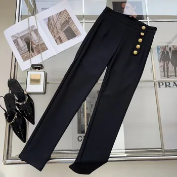 Горячая распродажа Весенне-летних брюк 2023, Элегантные офисные Женские Прямые брюки с высокой талией, Модные узкие черные брюки на пуговицах