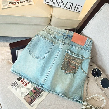 Высокий стиральная синий дизайн женской талией джинсовая короткая юбка лето новый ретро-стиле молодой девушки сексуальная мини-юбка женский