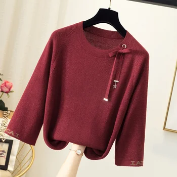 Женские яркие шелковые вязаные свитера, женские осенние модные Корейские пуловеры со свободным рукавом в три четверти и бантом 2023 года