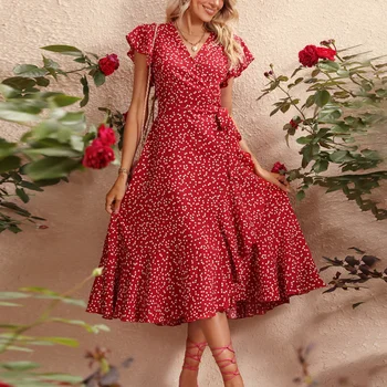 Винтажное платье с V-образным вырезом и цветочным рисунком, женская длинная юбка трапециевидной формы, поездка на работу, поход по магазинам, свидание