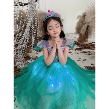 Disney Glow Dress Детская нарядная одежда для девочек Танцевальная вечеринка Детский косплей Костюм принцессы АРИЭЛЬ Детский Рождественский подарок на День рождения