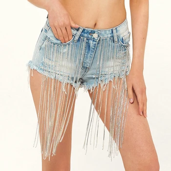 Сексуальные джинсовые шорты с бахромой Женские рваные джинсы, украшенные стразами Женские короткие брюки с кисточками и бриллиантами уличная одежда