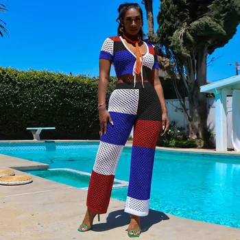 POFGD 2022 Летняя мода Mujer, короткий рукав, Лоскутный Сексуальный спортивный костюм для женщин, топ с длинными штанами, комплект из 2 предметов, Женские комплекты