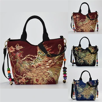 Женская сумка через плечо с ручной вышивкой Павлин в богемном этническом стиле, ретро-сумочка, Большая вместительная сумка-тоут для девочки